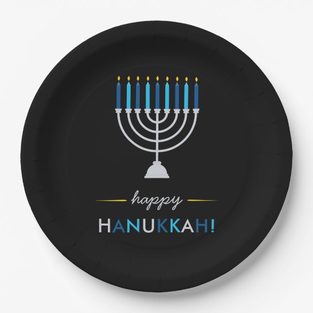 Modern Happy Hanukkah Silver Menorah on Black Paper Plate (Front)