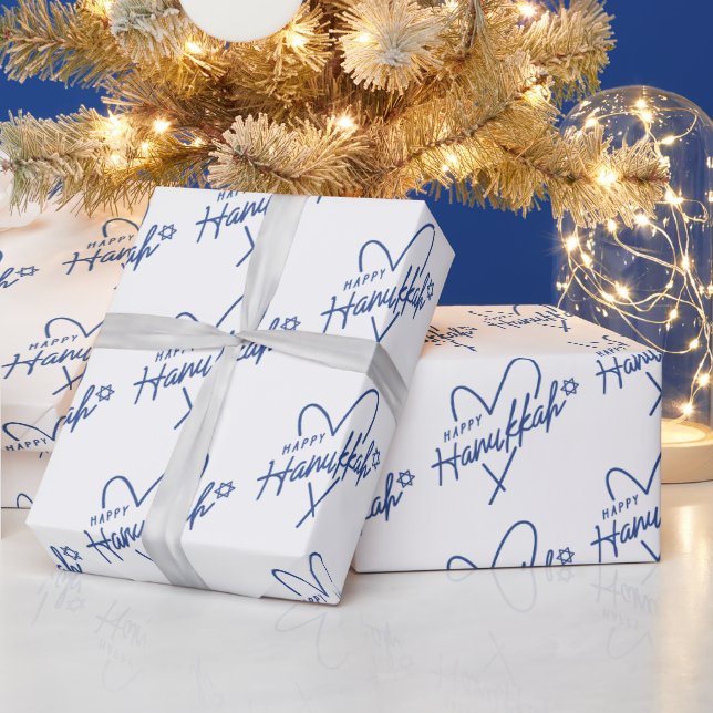Modern Happy Hanukkah Typography Heart  Wrapping Paper (Holidays)