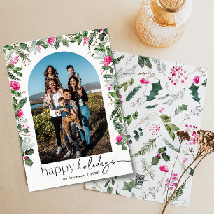 Modern Happy Holidays 1 Photo Pink & Greenery Arch Holiday Card