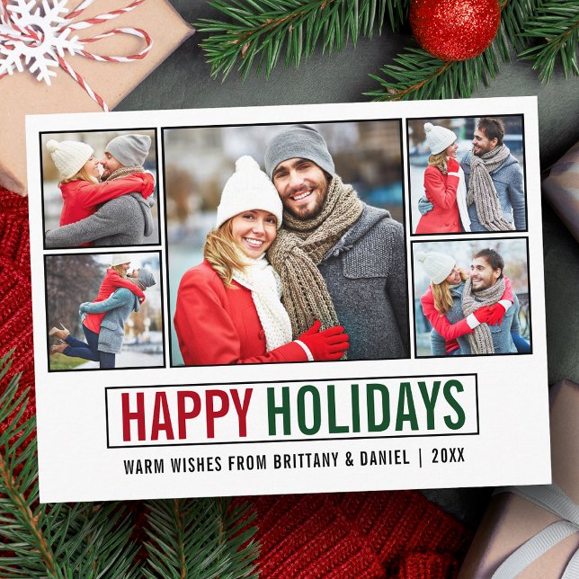 Modern Happy Holidays 5 Photo Postcard (Customize to change your personalized text size or text style.)