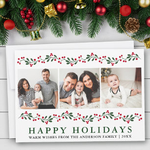 Modern Happy Holidays Berries Greenery 3 Photo Holiday Card