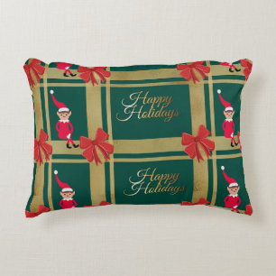 Modern Happy Holidays Gold Green Tartan Accent Pillow