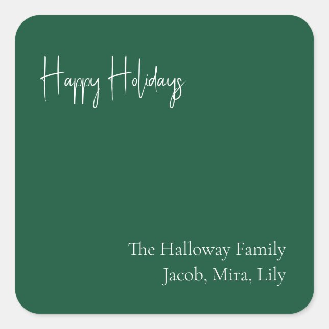 Modern Happy Holidays Green Family Gift Square Sticker (Front)