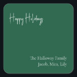Modern Happy Holidays Green Family Gift Square Sticker<br><div class="desc">This modern happy holidays green family gift square sticker is perfect for your minimalist shabby chic boho green and white holiday greeting. The minimal whimsical handwritten calligraphy is delicate and rustic while staying classy and elegant. You will find that everything about this product is editable, so feel free to add...</div>