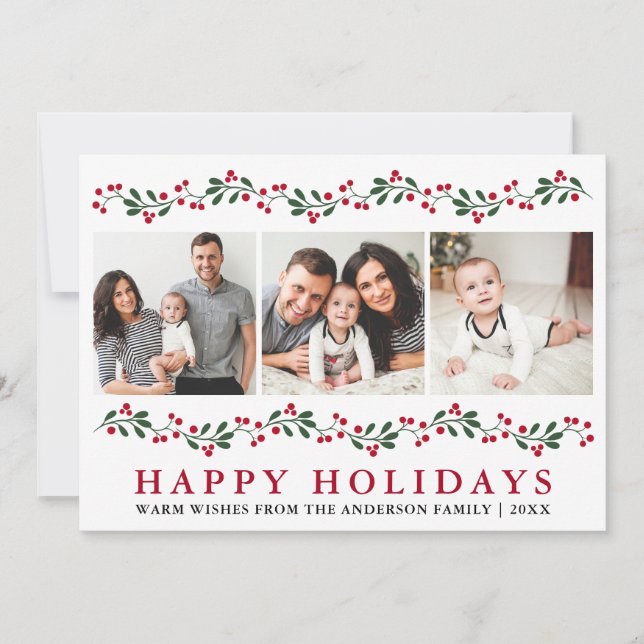 Modern Happy Holidays Greenery Berries 3 Photo Holiday Card (Front)