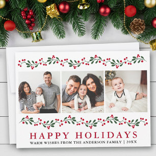 Modern Happy Holidays Greenery Berries 3 Photo Holiday Card