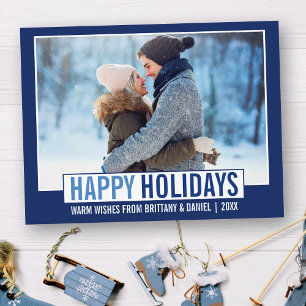 Modern Happy Holidays Photo Blue Postcard