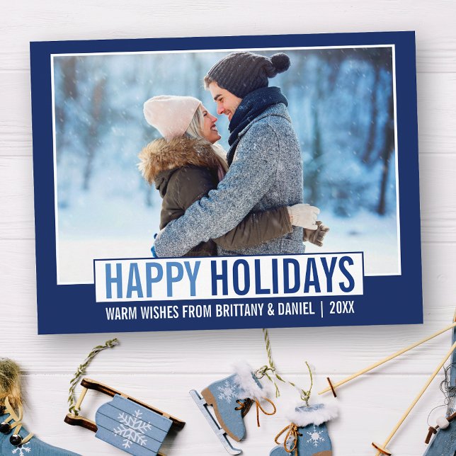 Modern Happy Holidays Photo Blue Postcard (Customize to change your personalized text size or text style.)