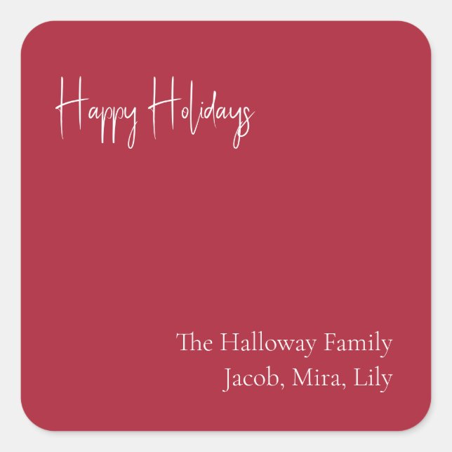 Modern Happy Holidays | Red Family Gift Square Sticker (Front)