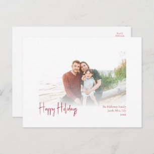 Modern Happy Holidays   Red Script Faded Photo Holiday Postcard