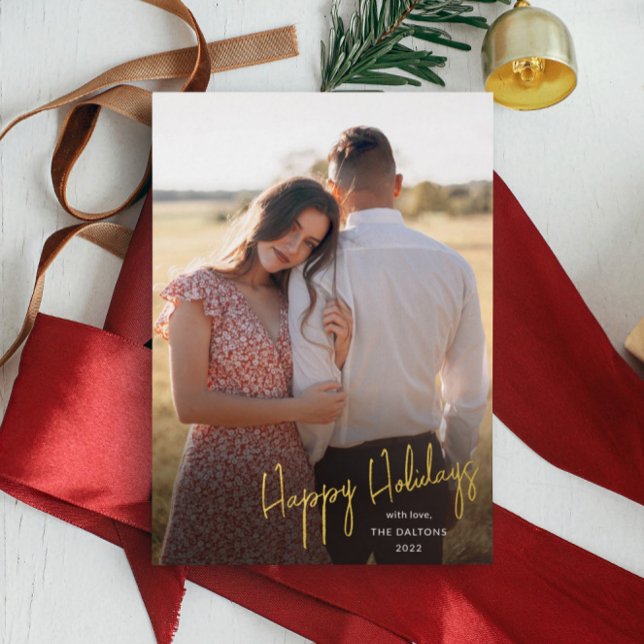 Modern Happy Holidays Script Simple Photo Foil Holiday Card (Creator Uploaded)
