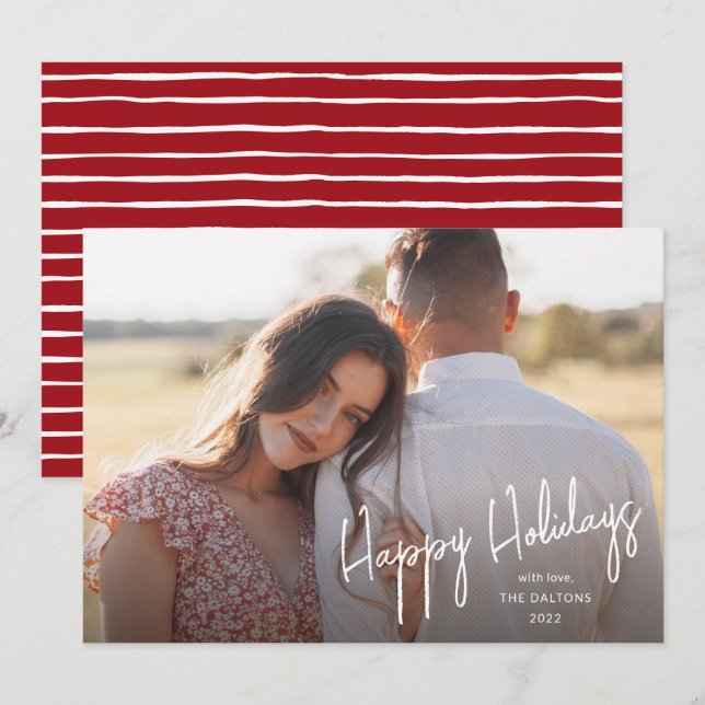 Modern Happy Holidays Script Simple Photo Holiday Card (Front/Back)