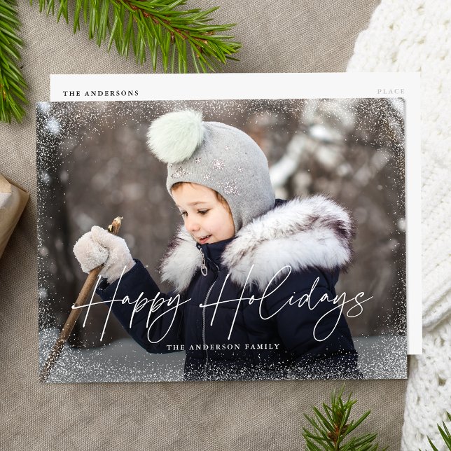 Modern Happy Holidays Script Snow Flurry Photo Holiday Postcard (Creator Uploaded)