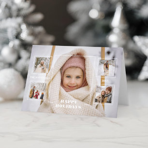Modern Happy Holidays Thin Line Border 5-Photo Holiday Card
