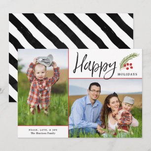 Modern Happy Holidays Two Photo White Holiday Card