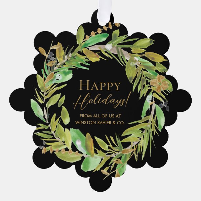 Modern Happy Holidays Wreath Corporate Custom Ornament Card (Front)