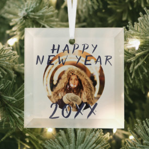 Modern Happy New Year 2023 Round Photo Glass Ornament