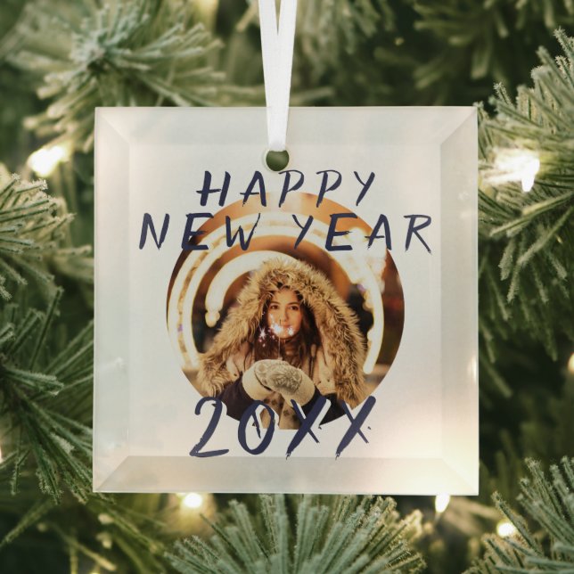 Modern Happy New Year 2023 Round Photo Glass Ornament (Insitu)