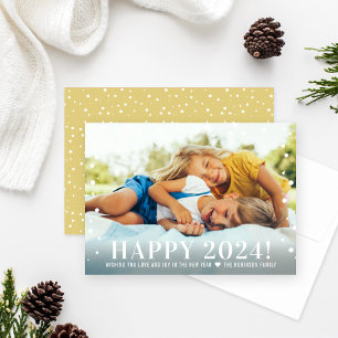 Modern Happy New Year 2024 Gold Confetti Photo Holiday Card