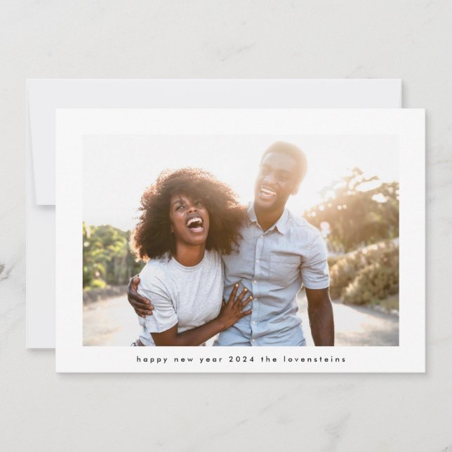Modern Happy New Year 2024 White Photo Frame Holiday Card (Front)