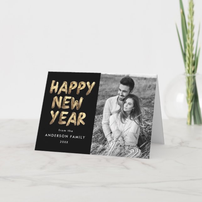 Modern Happy New Year Black and Gold 2 Photo Holiday Card (Front)
