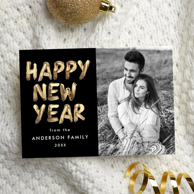 Modern Happy New Year Black and Gold Photo Holiday Card (Creator Uploaded)