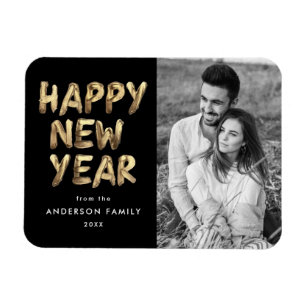 Modern Happy New Year Black and Gold Photo Magnet