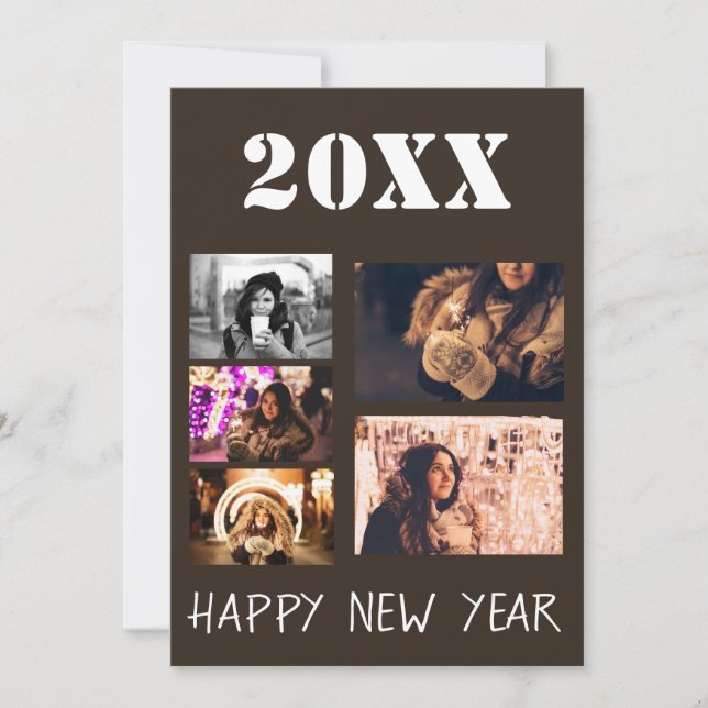 Modern Happy New Year Greetings 5 Photo Collage Holiday Card (Front)