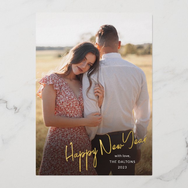 Modern Happy New Year Simple Script Photo Foil Holiday Card (Front)