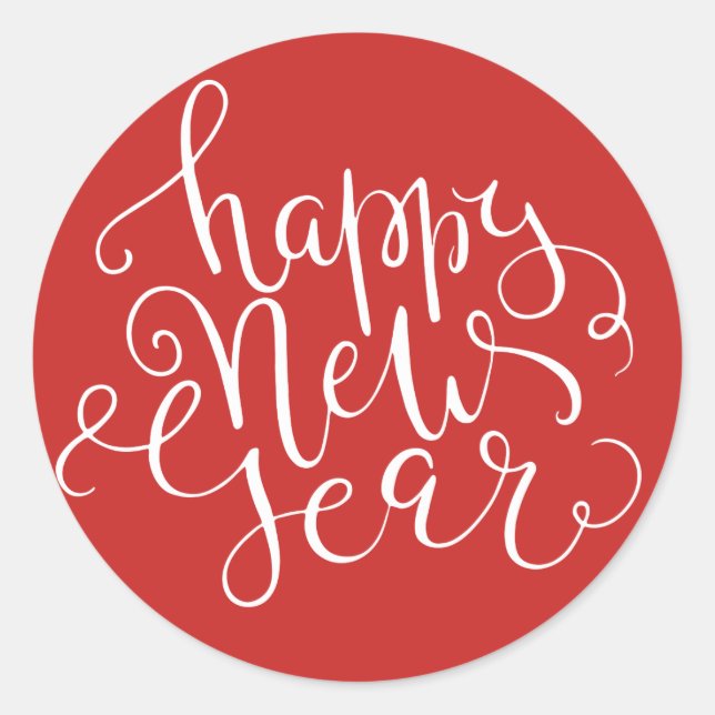 Modern Happy New Year White Script Custom Colour Classic Round Sticker (Front)