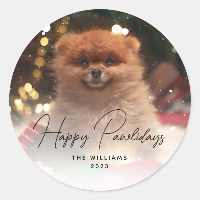 Modern Happy Pawlidays Dog Pet Photo Classic Round Sticker (Front)