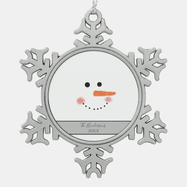 Modern Happy Snowman Face Family Name Custom Snowflake Pewter Christmas Ornament (Front)