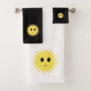 Modern Happy Sun Face on Black & White Bath Towel Set