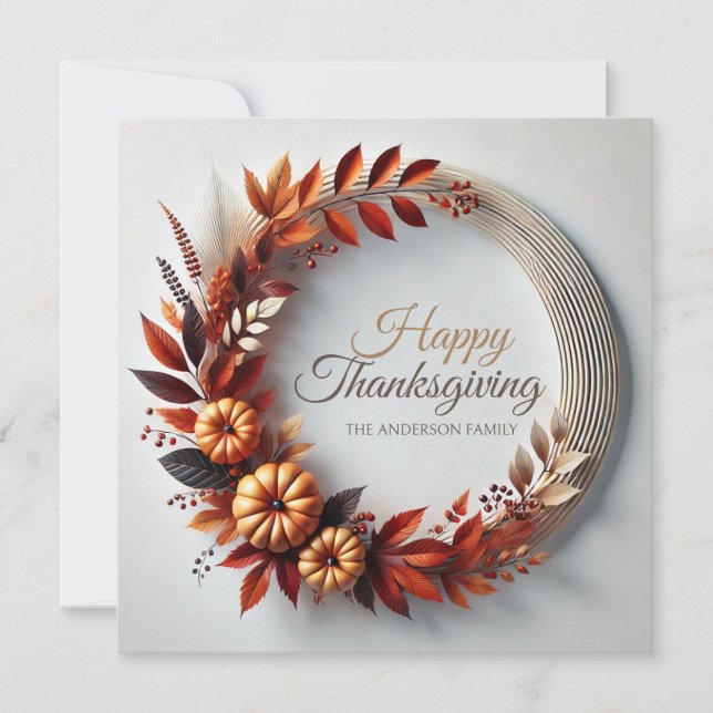 Modern Happy Thanksgiving Floral Wreath Custom  Holiday Card (Front)