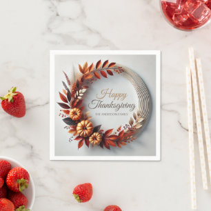 Modern Happy Thanksgiving Floral Wreath Custom Napkin
