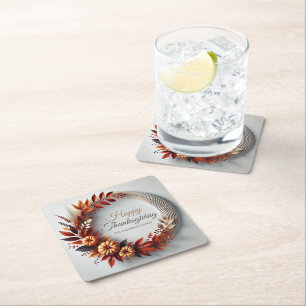 Modern Happy Thanksgiving Floral Wreath Custom Square Paper Coaster