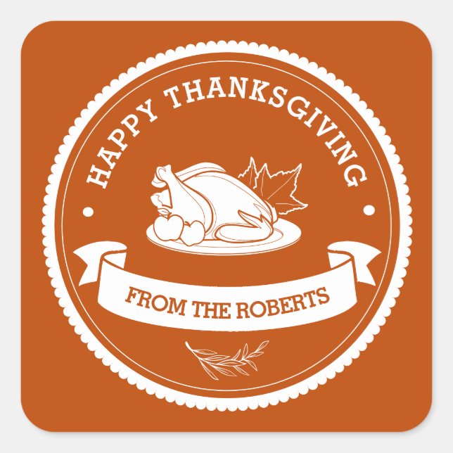 Modern Happy Thanksgiving Orange Square Sticker (Front)