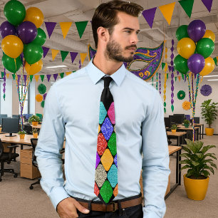 Modern Harlequin Pattern Sparkly Mardi Gras  Tie