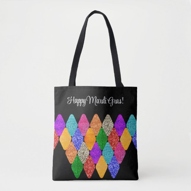 Modern Harlequin Pattern Sparkly Mardi Gras  Tote Bag (Front)