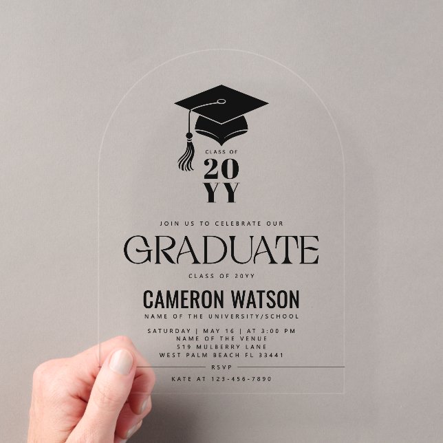 Modern Hat and Tassel Graduation Party Acrylic Invitations (Insitu (Handheld))