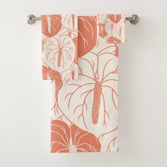 Modern Hawaiian Anthurium print pattern Bath Towel Set (Insitu)