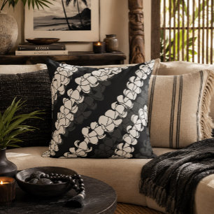Modern Hawaiian Puakenikeni Lei Pattern Black Throw Pillow