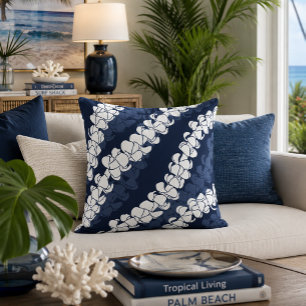Modern Hawaiian Puakenikeni Lei Pattern Navy Throw Pillow