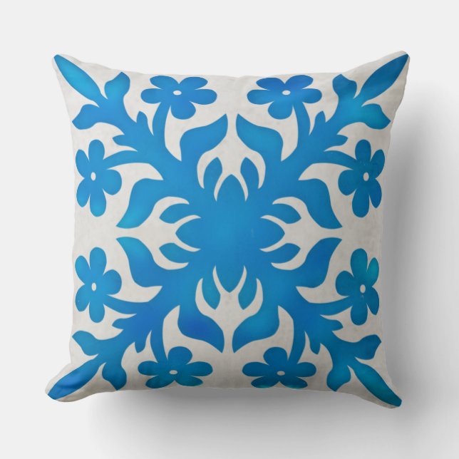 MODERN HAWAIIAN QUILT PILLOW- plumeria vintage Throw Pillow (Front)