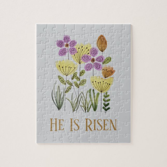 Modern He Is Risen Easter Floral Jigsaw Puzzle (Vertical)