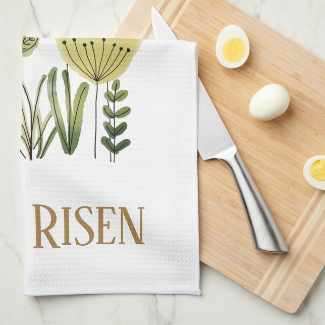 Modern He Is Risen Easter Floral Kitchen Towel (Quarter Fold)