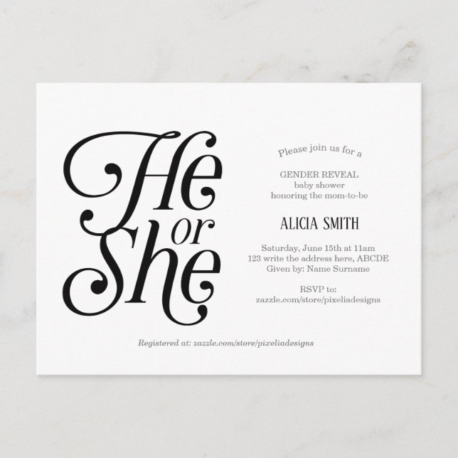 Modern, He or she, Neutral, Gender Reveal Invitation Postcard (Front)