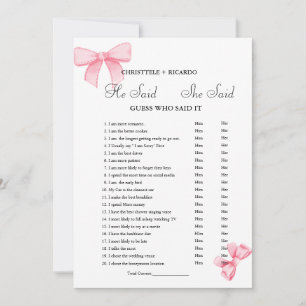 Modern He said she said Bridal shower game card
