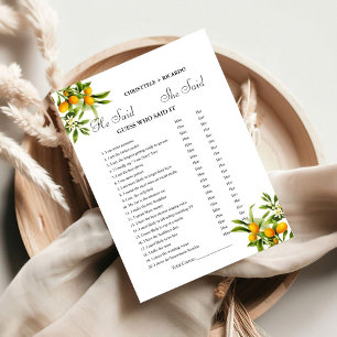 Modern He said she said Bridal shower game card