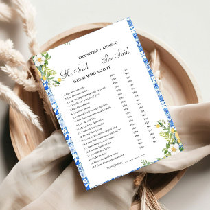 Modern He said she said Bridal shower game card
